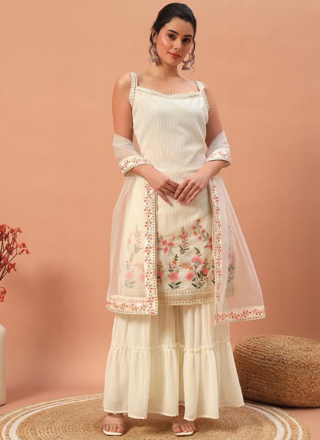 Georgette Cream Party Wear Embroidery Work Readymade Sharara Suit